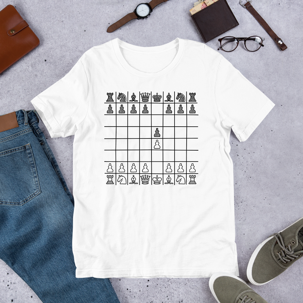 t-shirt showing the open game chess opening